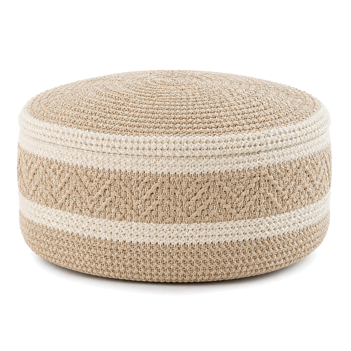 Ivory & Natural Crochet Diamond Round Pouf by Primeval on white background