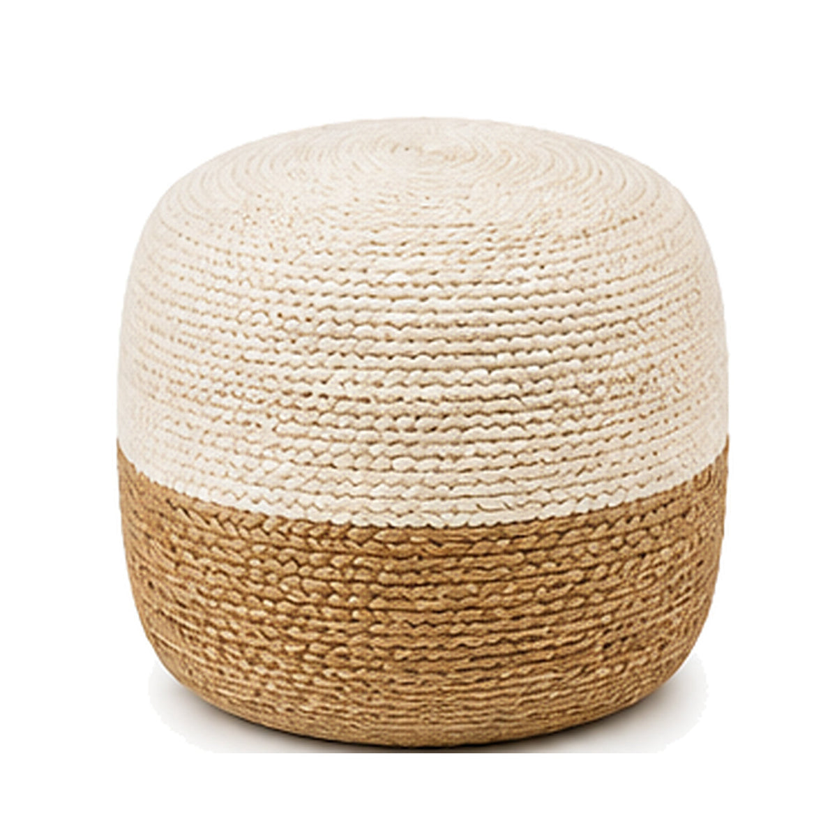 Ivory and natural half and half round jute pouf ottoman on white background