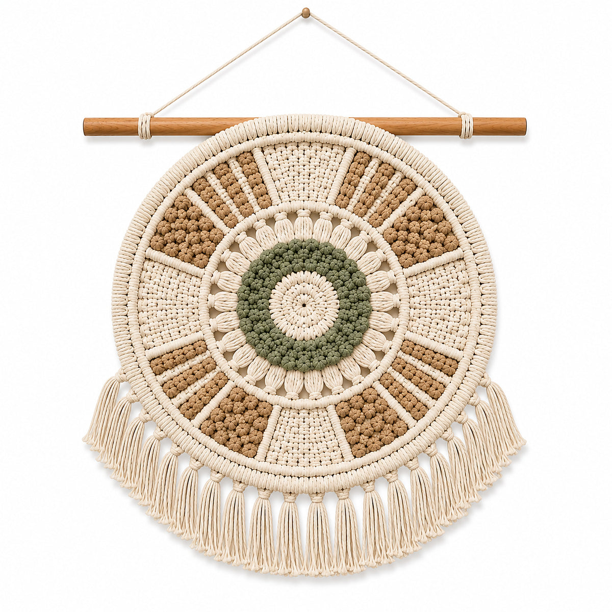 Ivory natural and olive circular macrame mandala wall hanging by Primeval