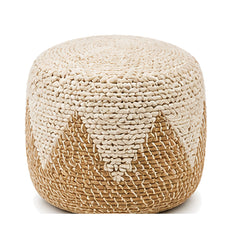 Ivory and natural scalloped open weave round jute pouf ottoman on white background