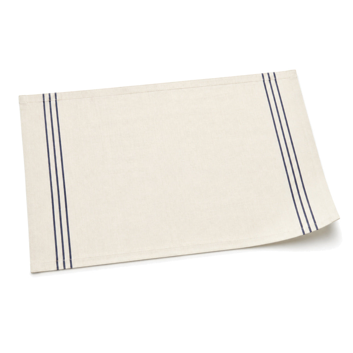 Ivory and navy bistro stripe placemat shown in a premium angled presentation, lightweight table linen by Primeval