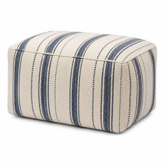 Ivory & Navy Stripe Woven Cotton Rectangular Pouf Ottoman on white background