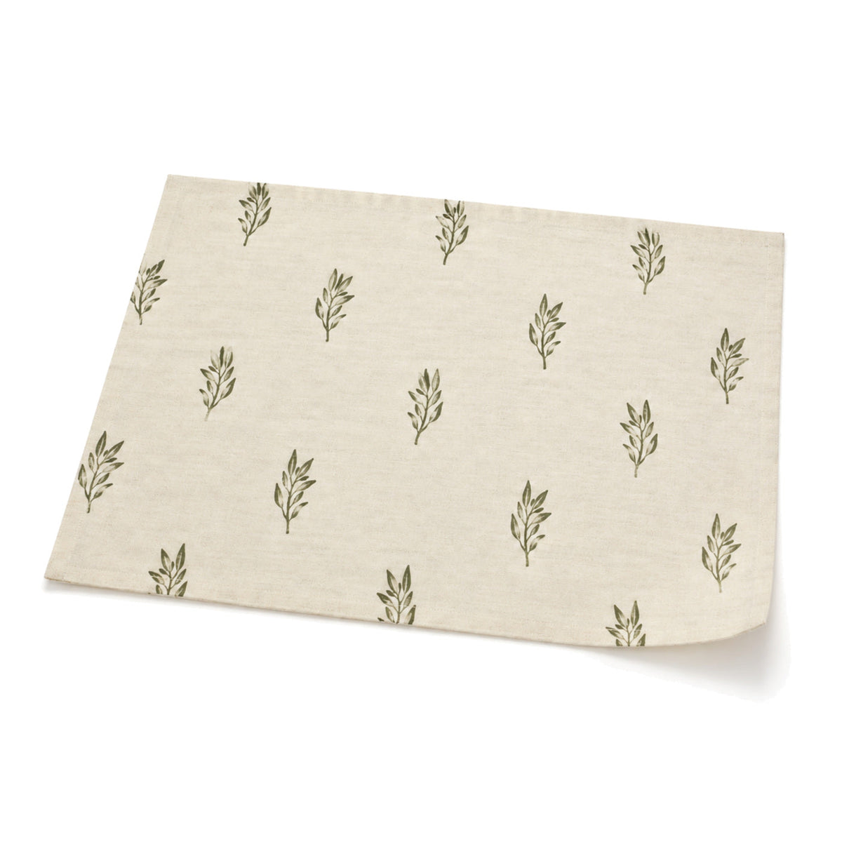 Ivory and olive botanical sprig placemat shown in a premium angled presentation, lightweight table linen by Primeval