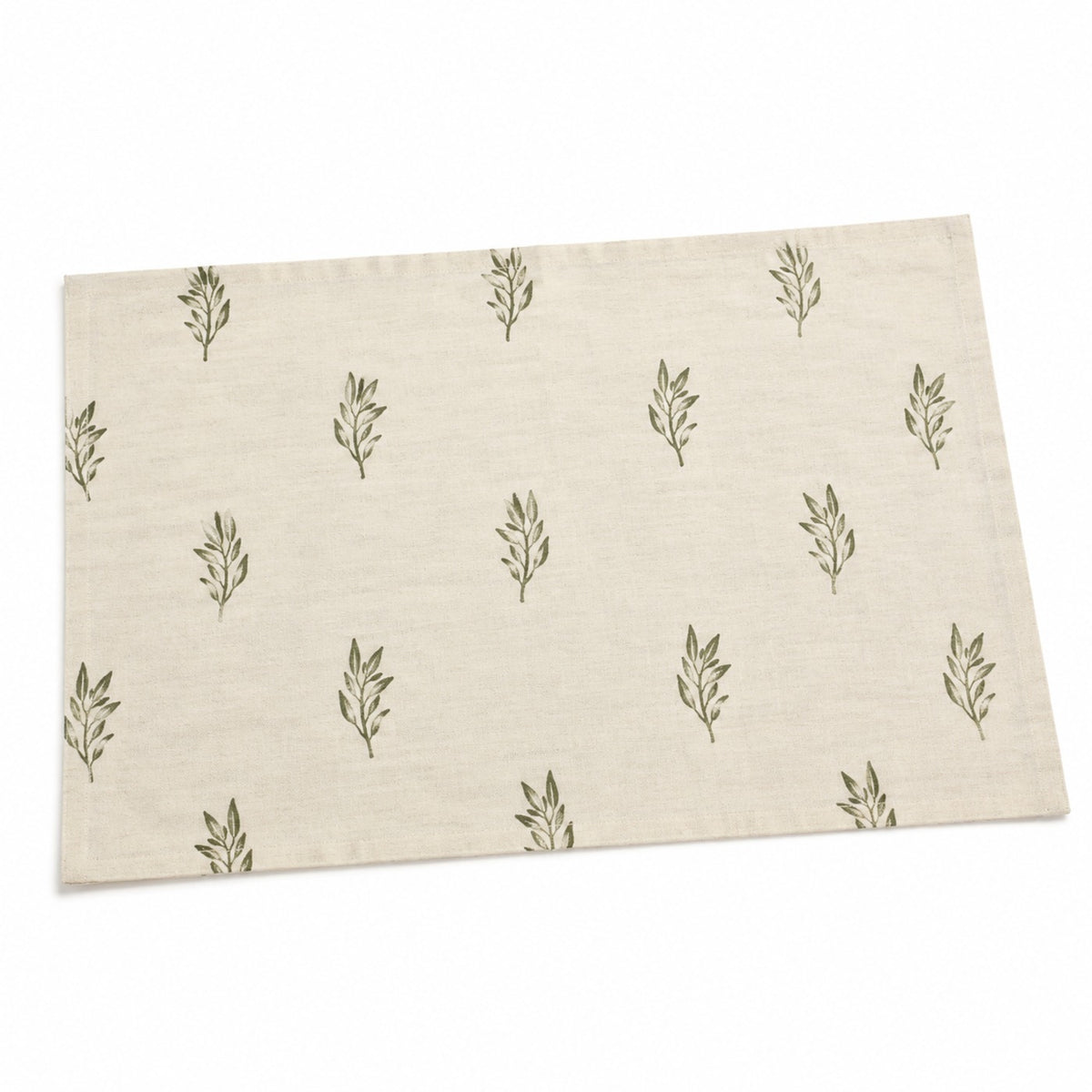 Ivory lightweight table linen placemat with olive green botanical sprigs, natural dining mat by Primeval