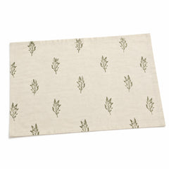 Ivory lightweight table linen placemat with olive green botanical sprigs, natural dining mat by Primeval