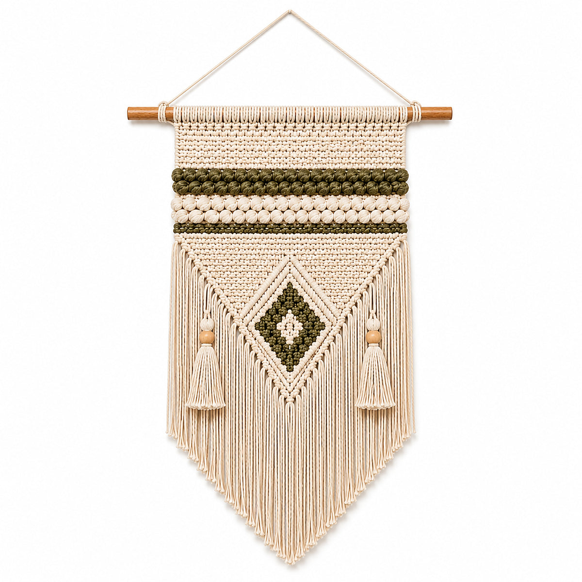 Ivory and olive diamond cotton macrame wall hanging with tassel fringe by Primeval
