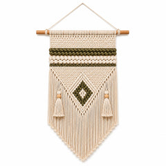 Ivory and olive diamond cotton macrame wall hanging with tassel fringe by Primeval