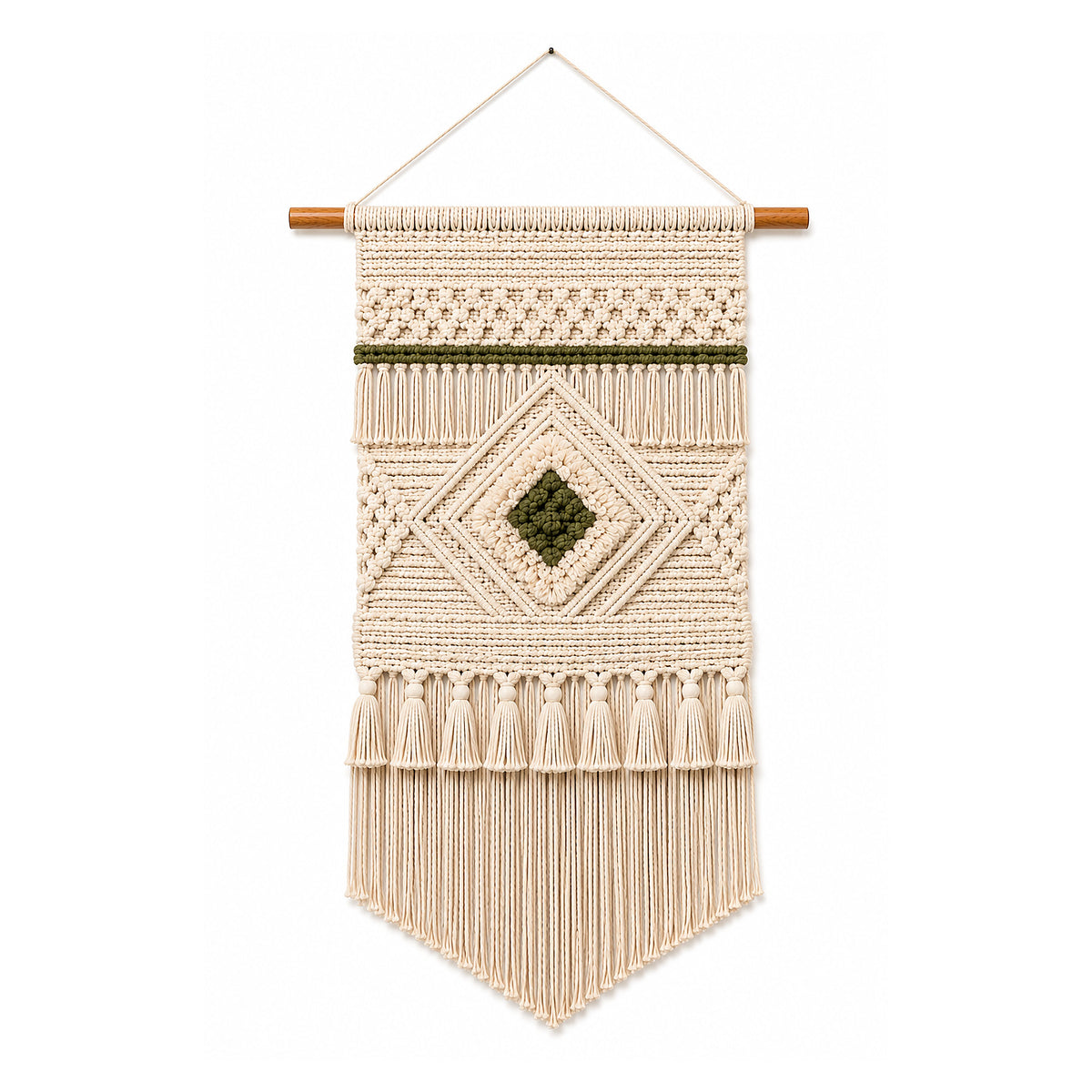 Ivory and olive diamond macrame wall hanging with fringe by Primeval