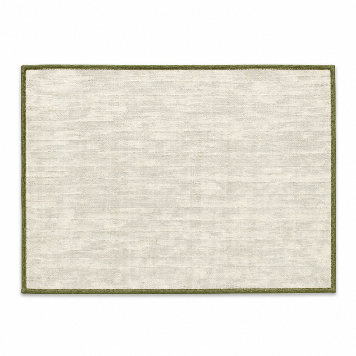Ivory woven placemat with olive green contrast border, minimalist rectangular dining table mat by Primeval