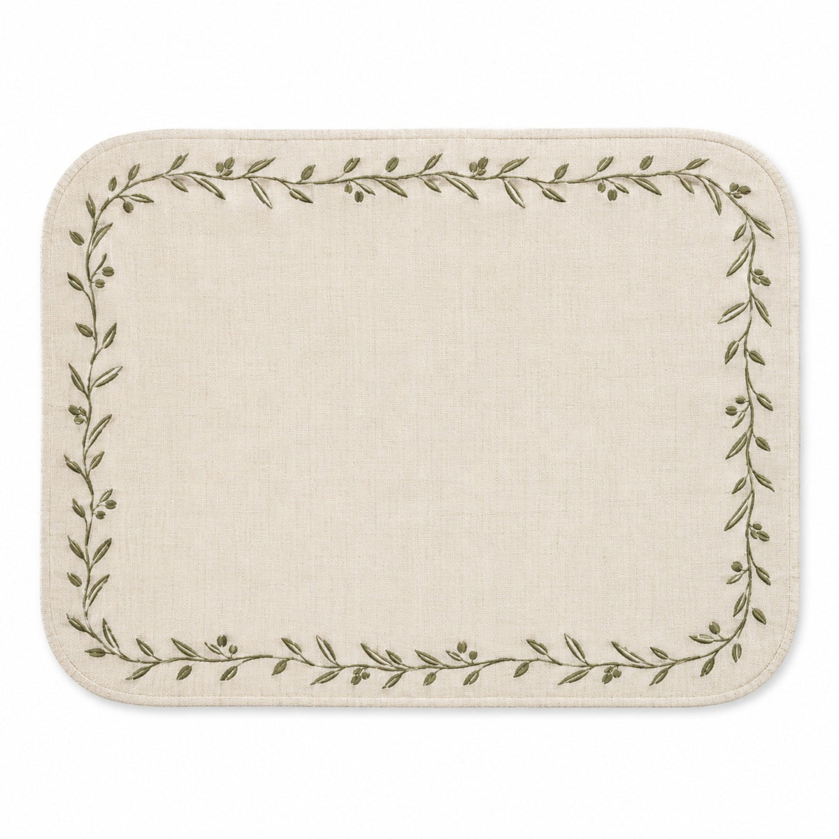 Ivory rounded rectangular placemat with olive green leaf vine border, botanical dining table mat by Primeval