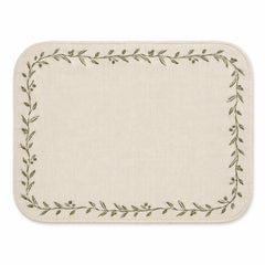 Ivory rounded rectangular placemat with olive green leaf vine border, botanical dining table mat by Primeval