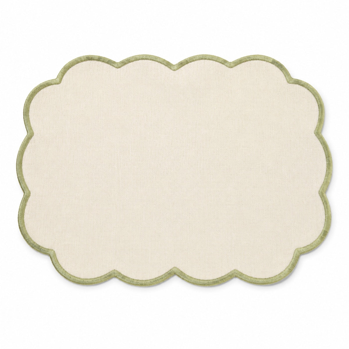 Ivory cotton placemat with olive green scalloped edge, elegant rounded decorative dining table mat by Primeval