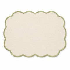 Ivory cotton placemat with olive green scalloped edge, elegant rounded decorative dining table mat by Primeval