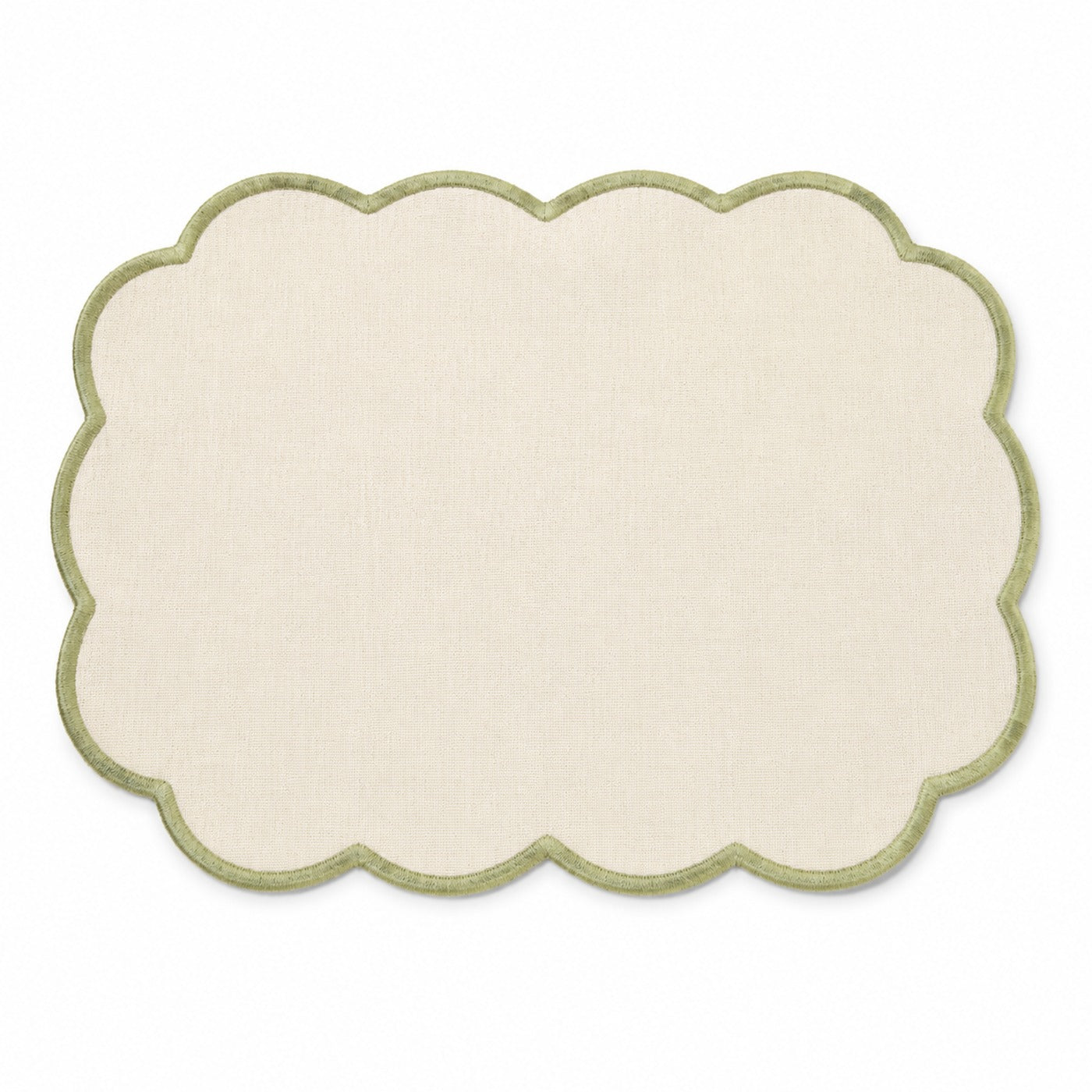 Ivory cotton placemat with olive green scalloped edge, elegant rounded decorative dining table mat by Primeval