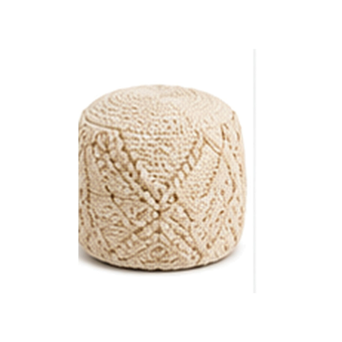 Ivory ornate raised medallion tall pouf ottoman on white background