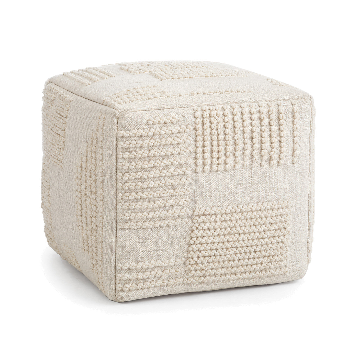 Ivory Patchwork Tufted Cube Pouf Ottoman by Primeval on white background
