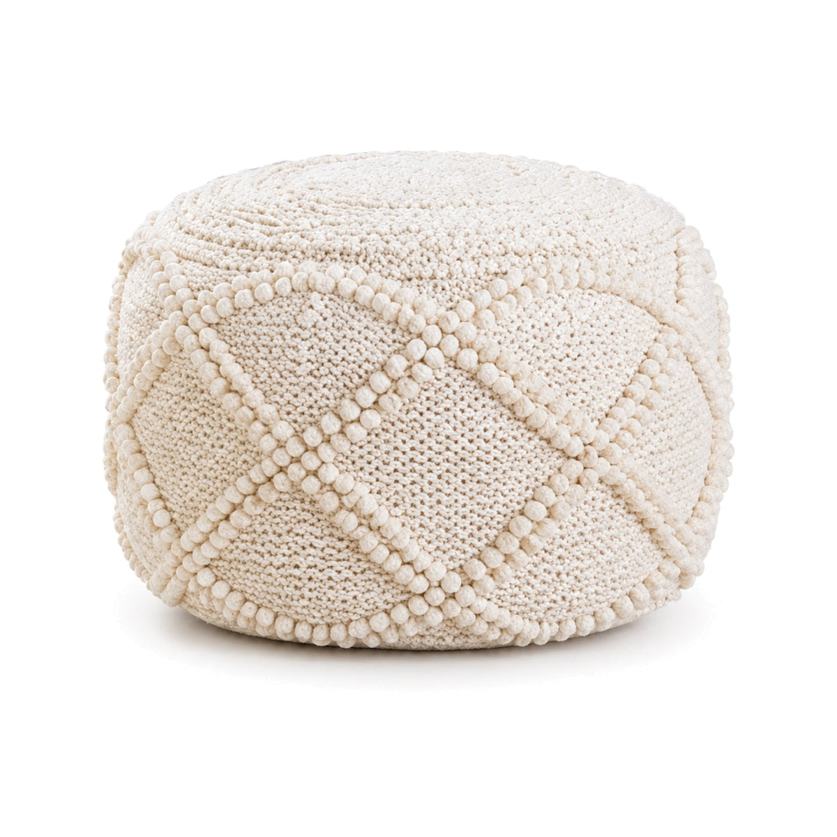 Ivory pom diamond lattice round pouf ottoman on white background