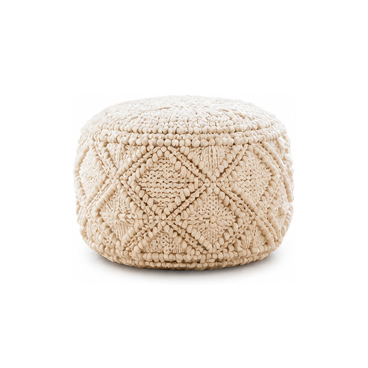 Ivory Raised Diamond Bobble Round Pouf Ottoman on white background