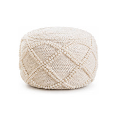 Ivory Raised Diamond Pearl-Bobble Round Pouf Ottoman on white background