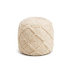 Ivory raised diamond tall cylinder pouf ottoman on white background