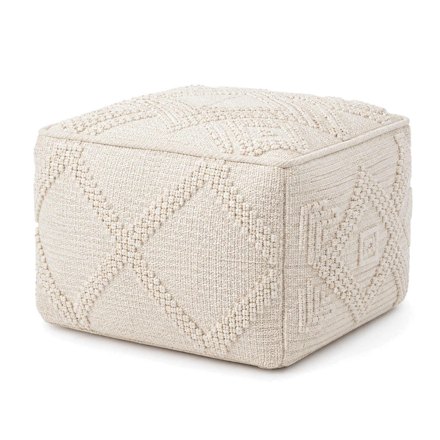Ivory Raised Diamond Textured Cube Pouf Ottoman by Primeval on white background