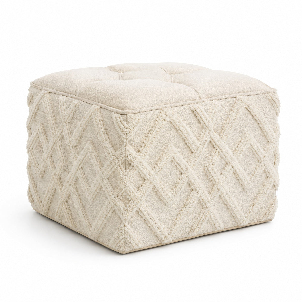 Ivory Raised Diamond Tufted Cotton Cube Pouf Ottoman on white background
