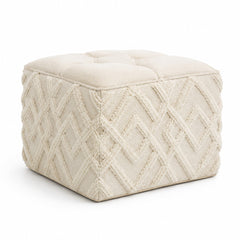 Ivory Raised Diamond Tufted Cotton Cube Pouf Ottoman on white background