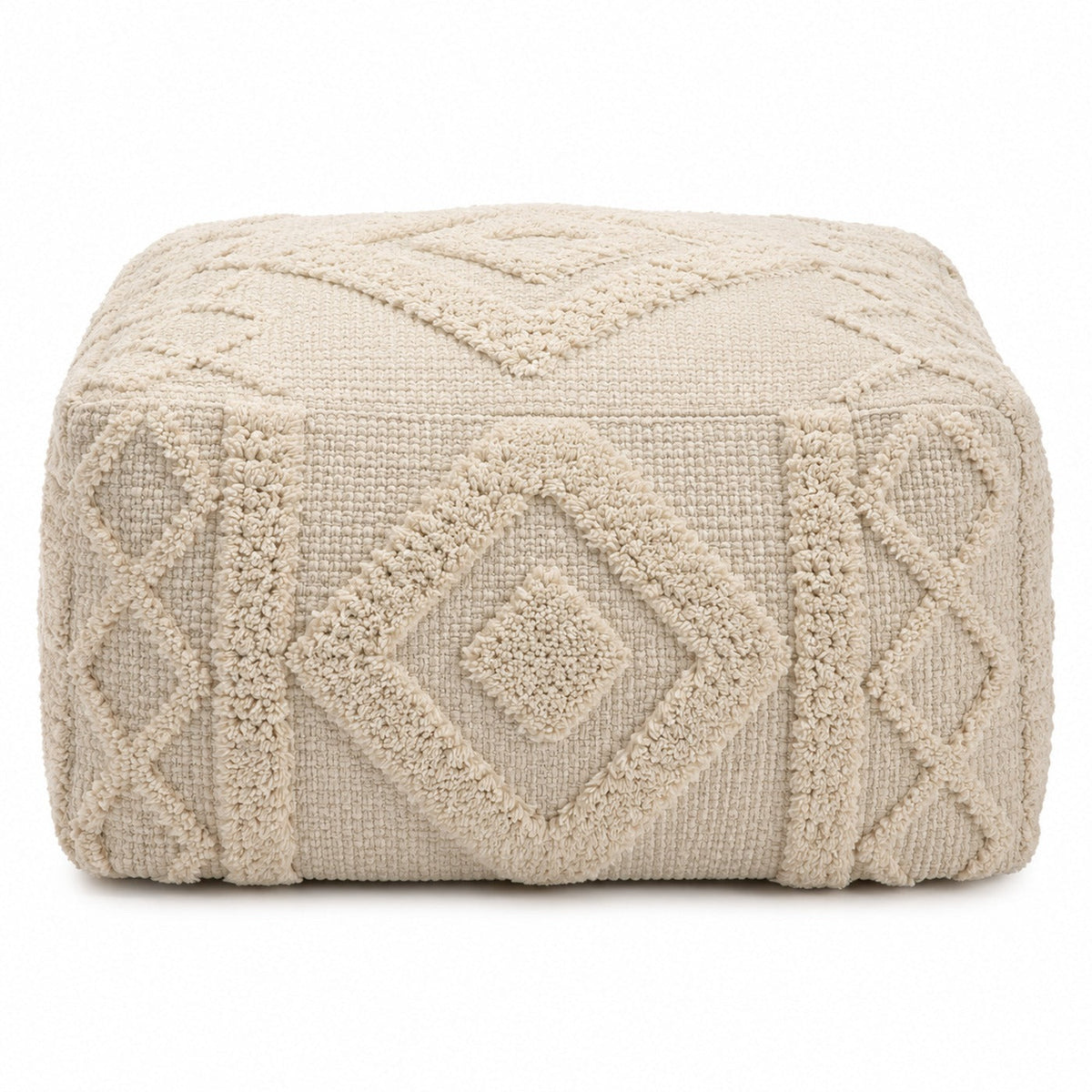 Ivory Raised Diamond Tufted Cotton Rectangular Pouf Ottoman on white background