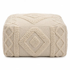 Ivory Raised Diamond Tufted Cotton Rectangular Pouf Ottoman on white background