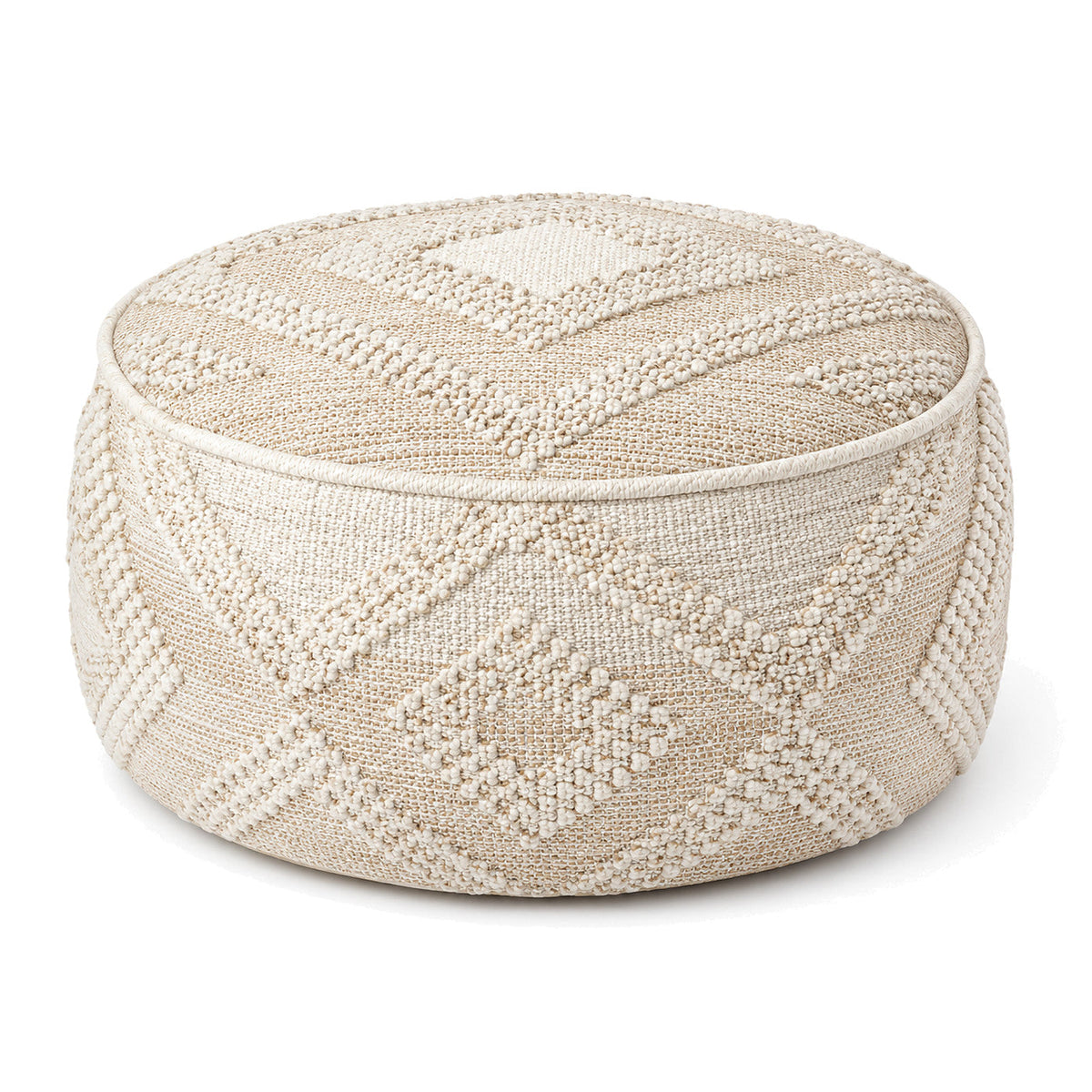 Ivory Raised Diamond Woven Round Pouf by Primeval on white background