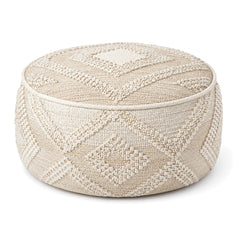 Ivory Raised Diamond Woven Round Pouf by Primeval on white background