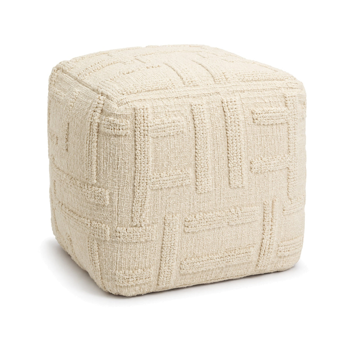 Ivory raised geometric textured cube pouf ottoman on white background