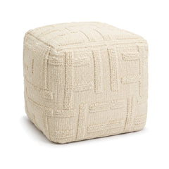 Ivory raised geometric textured cube pouf ottoman on white background