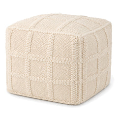 Ivory Raised Grid Tufted Cube Pouf Ottoman by Primeval on white background