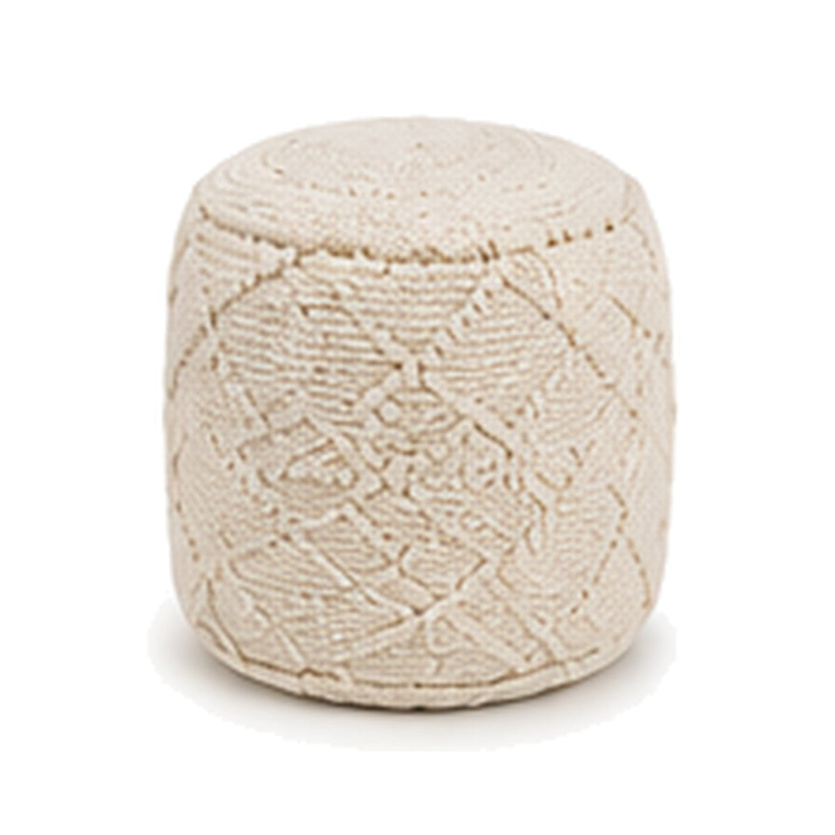 Ivory raised medallion textured European style cylinder pouf ottoman on white background