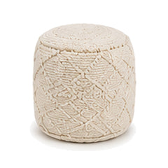 Ivory raised medallion textured European style cylinder pouf ottoman on white background