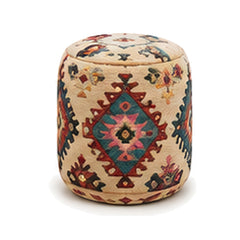 Ivory red blue and turquoise diamond wool kilim cylinder pouf ottoman on white background