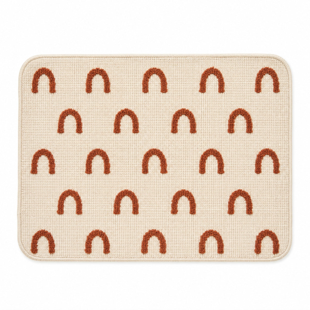 Ivory placemat with repeated rust arch motifs and rounded corners, modern woven dining table mat by Primeval
