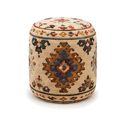 Ivory rust and blue medallion wool kilim cylinder pouf ottoman on white background