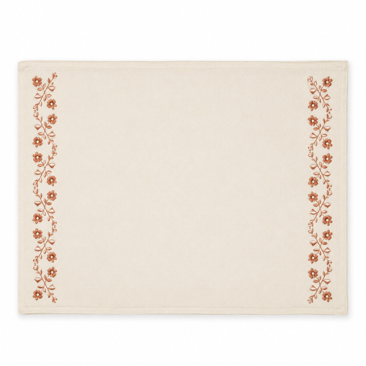 Ivory rectangular placemat with rust floral embroidered side borders, artisan dining table mat by Primeval