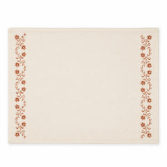 Ivory rectangular placemat with rust floral embroidered side borders, artisan dining table mat by Primeval