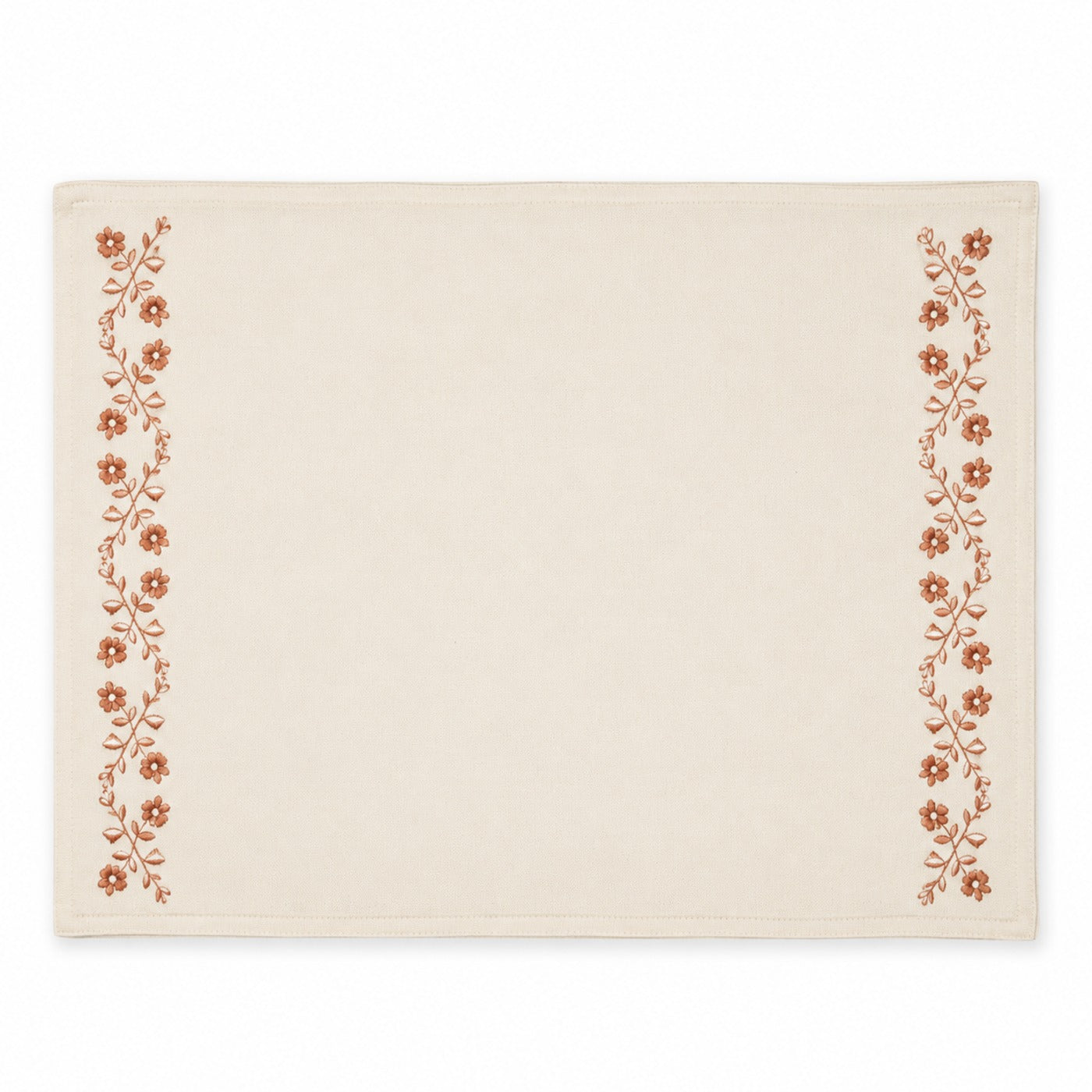 Ivory rectangular placemat with rust floral embroidered side borders, artisan dining table mat by Primeval