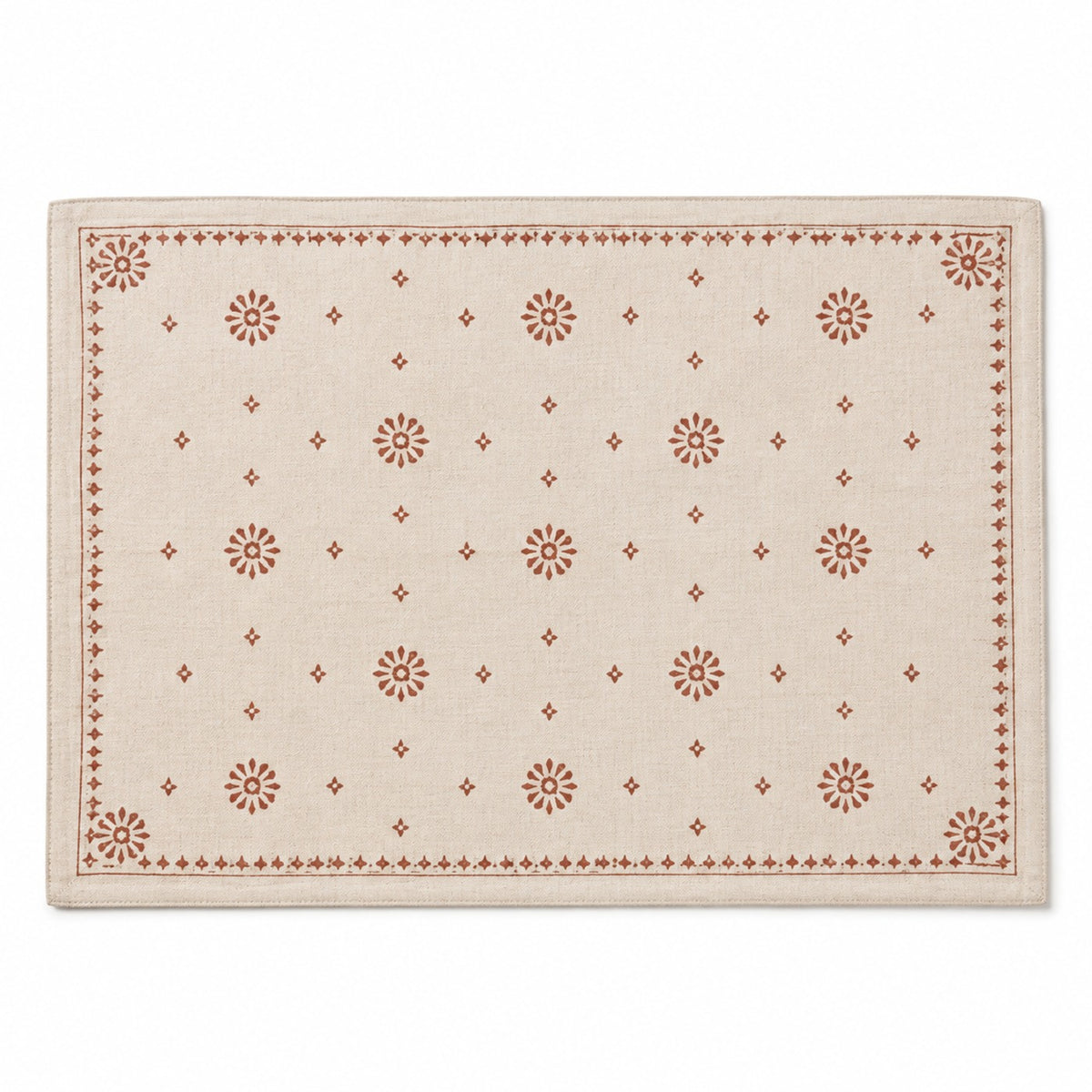 Ivory rectangular placemat with rust folk floral motifs and decorative border, artisan dining table mat by Primeval