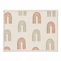 Ivory placemat with rust and taupe rainbow arch motifs, playful modern rectangular dining table mat by Primeval