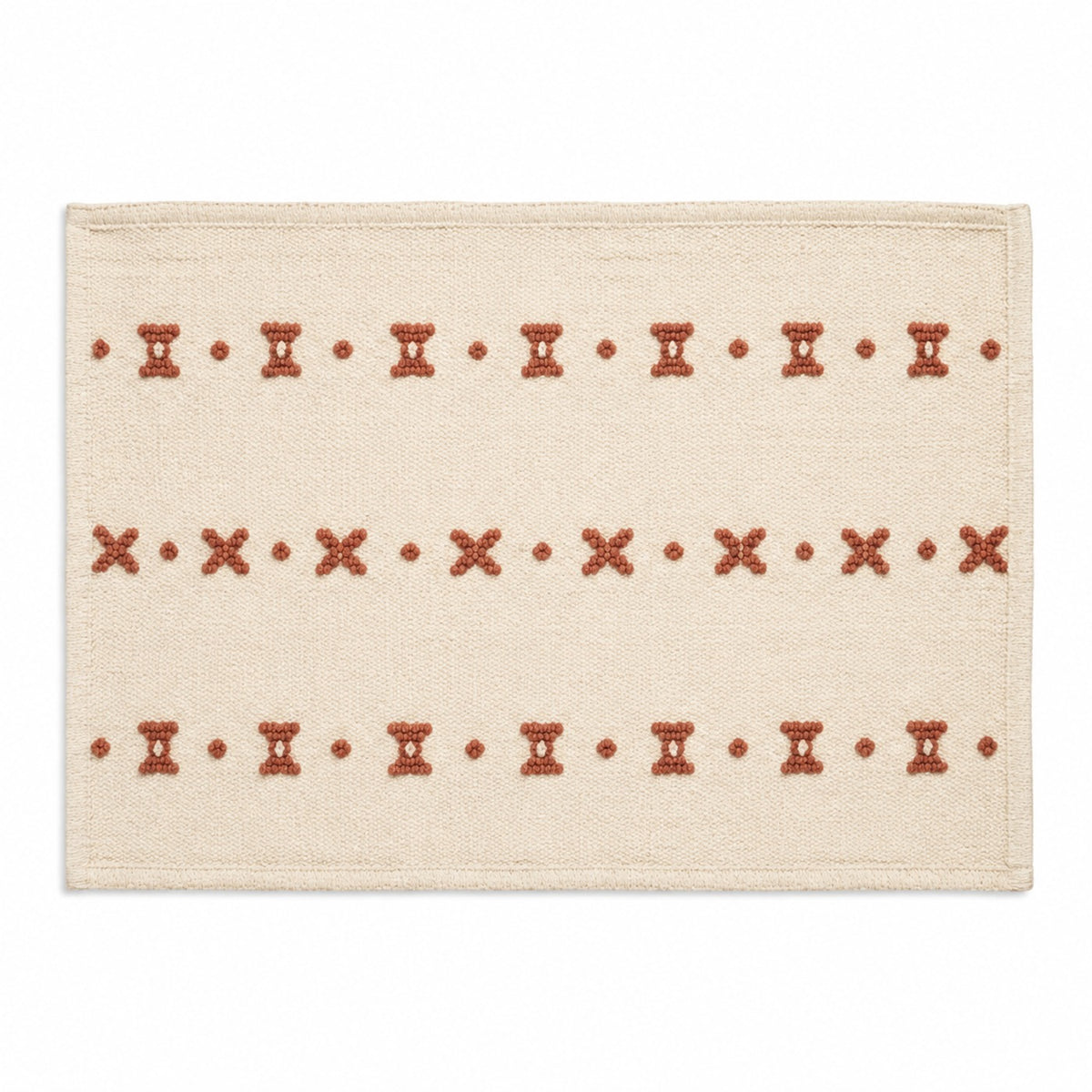 Ivory rectangular placemat with rust tribal embroidered band motifs, artisan dining table mat by Primeval