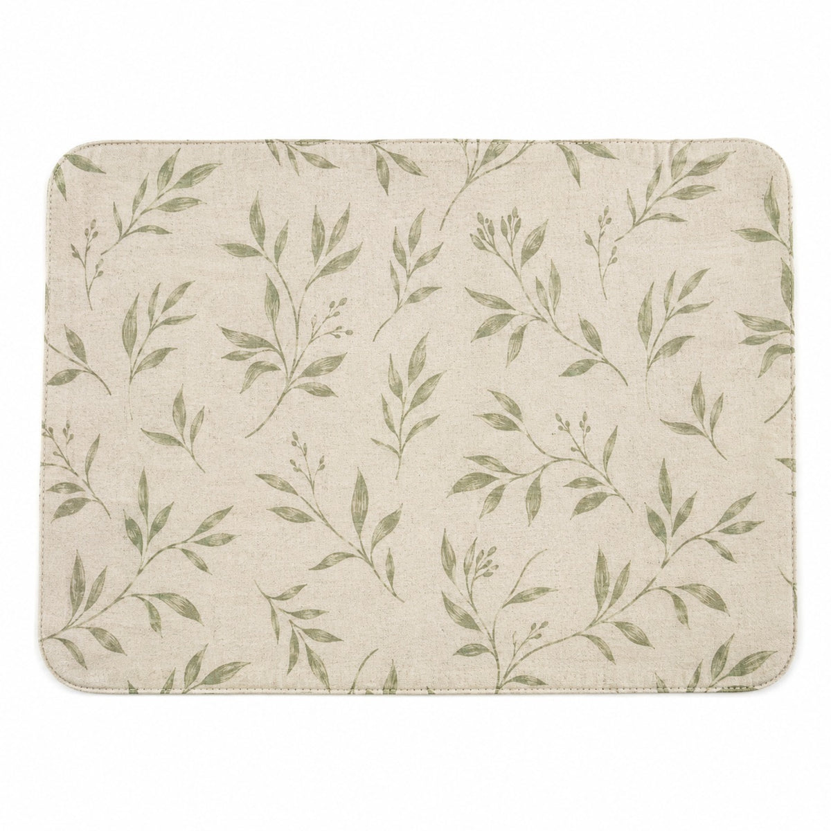 Ivory rounded rectangular placemat with sage green all-over botanical leaf pattern, nature-inspired dining table mat by Primeval