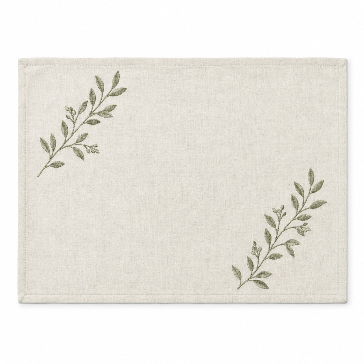 Ivory cotton placemat with sage green botanical corner embroidery, elegant rectangular dining table mat by Primeval