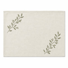 Ivory cotton placemat with sage green botanical corner embroidery, elegant rectangular dining table mat by Primeval