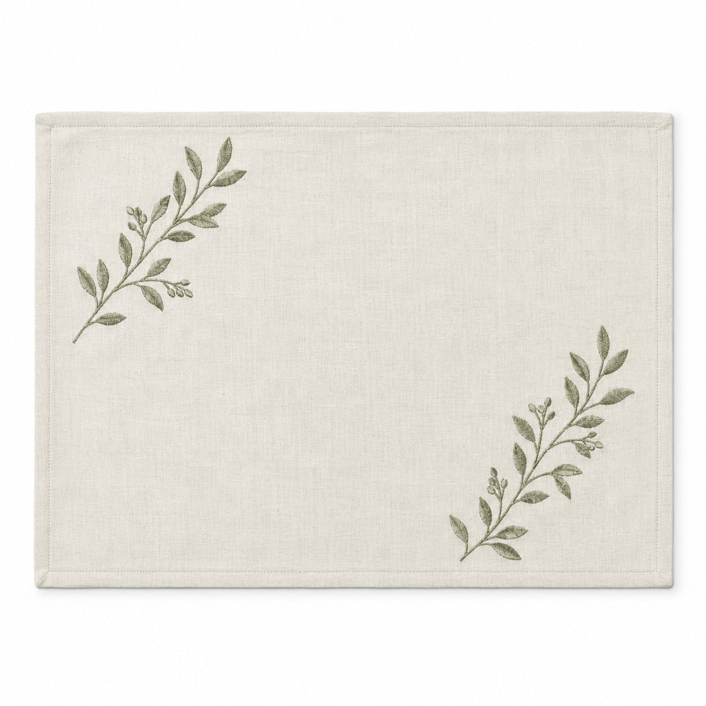 Ivory cotton placemat with sage green botanical corner embroidery, elegant rectangular dining table mat by Primeval