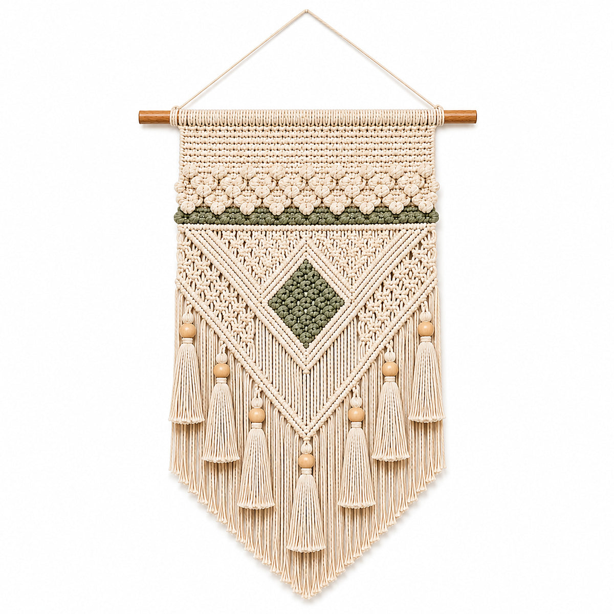 Ivory and sage diamond macrame wall hanging with tassels by Primeval